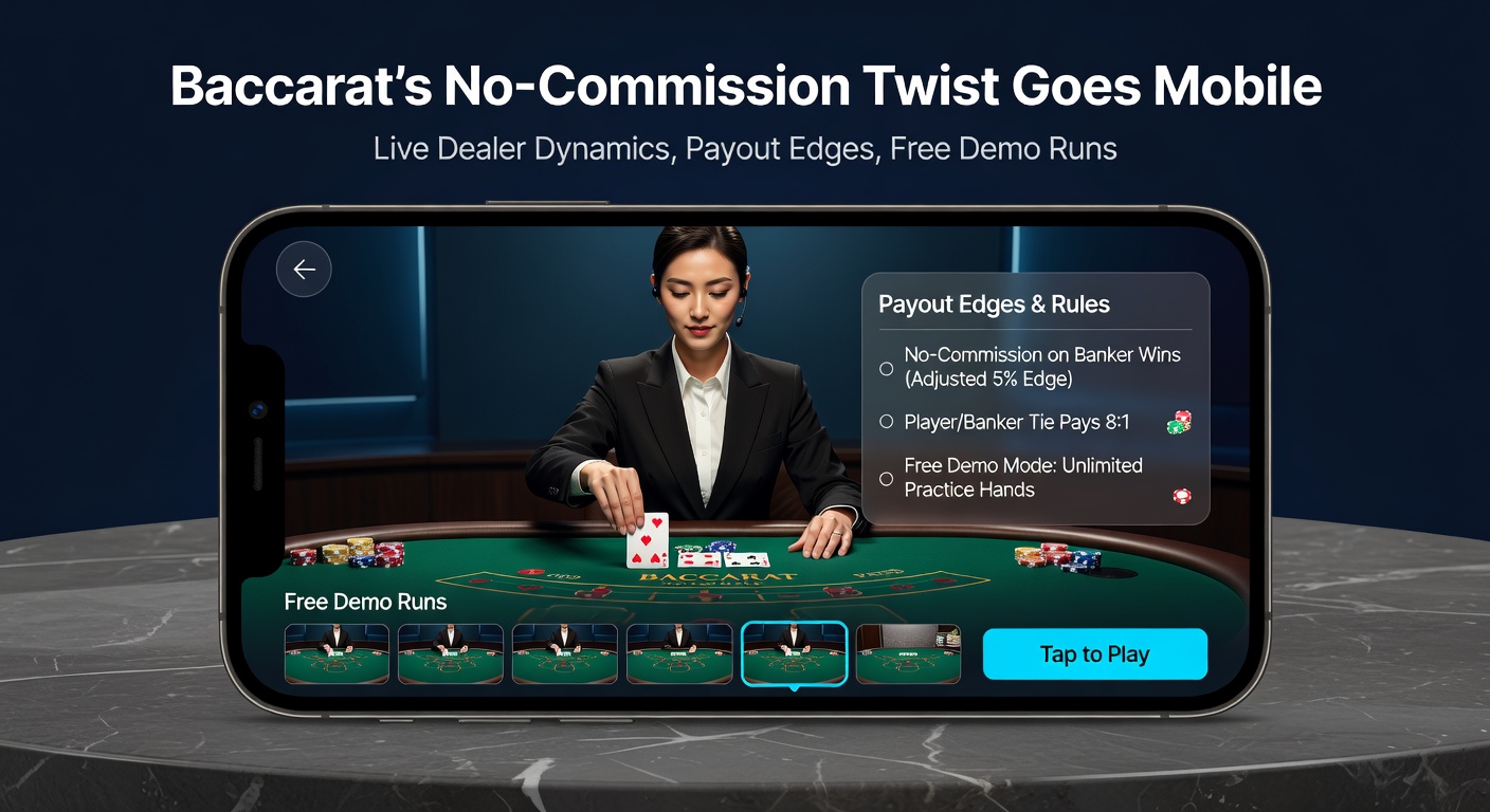 Nahaufnahme eines No-Commission Baccarat-Tisches auf Mobile mit Payout-Tabelle und Demo-Overlay, das taktische Übergänge illustriert