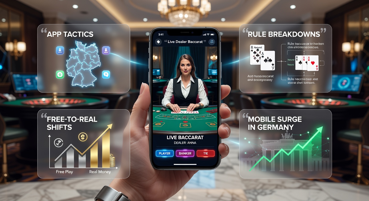 Smartphone mit Live Dealer Baccarat App im Einsatz, umgeben von typisch deutschen Elementen wie einem Bierkrug und einer Brezel