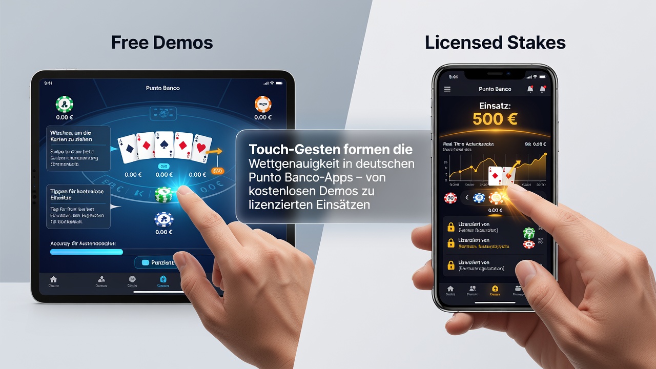 Touch-Gesten auf einem Smartphone-Display während eines Punto Banco Spiels in einer deutschen App